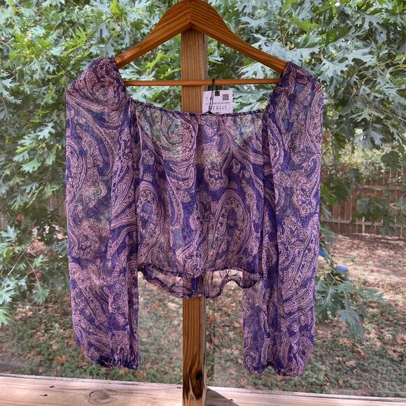 Zara Women's Sheer Purple Paisley Cropped Blouse Size S. NEW - Picture 2 of 9